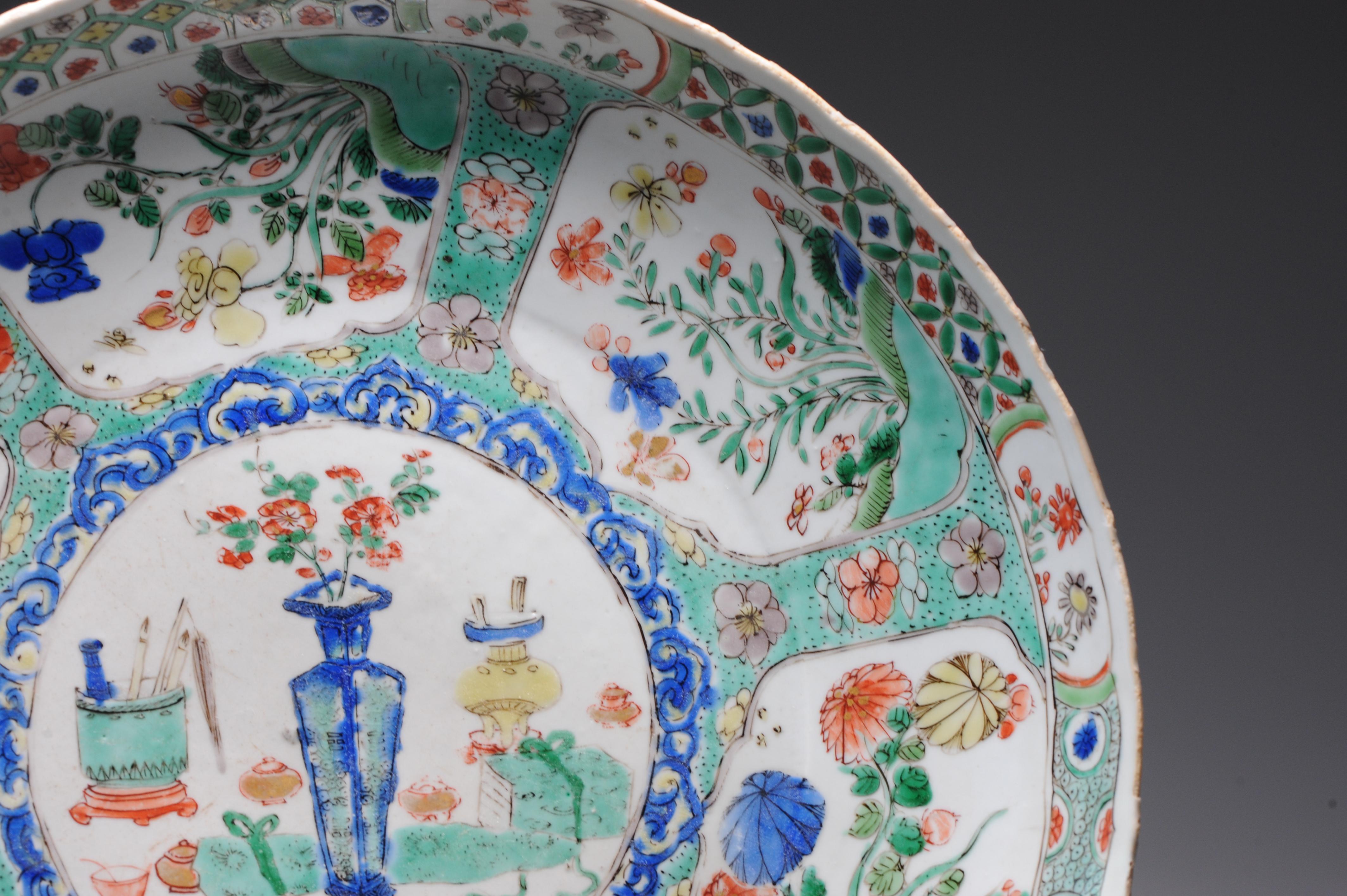 Large Antique Chinese Porcelain Famille Verte Dish Flowers Landscape Kangxi For Sale 3