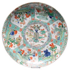 Large Antique Chinese Porcelain Famille Verte dish Flowers Landscape Kangxi