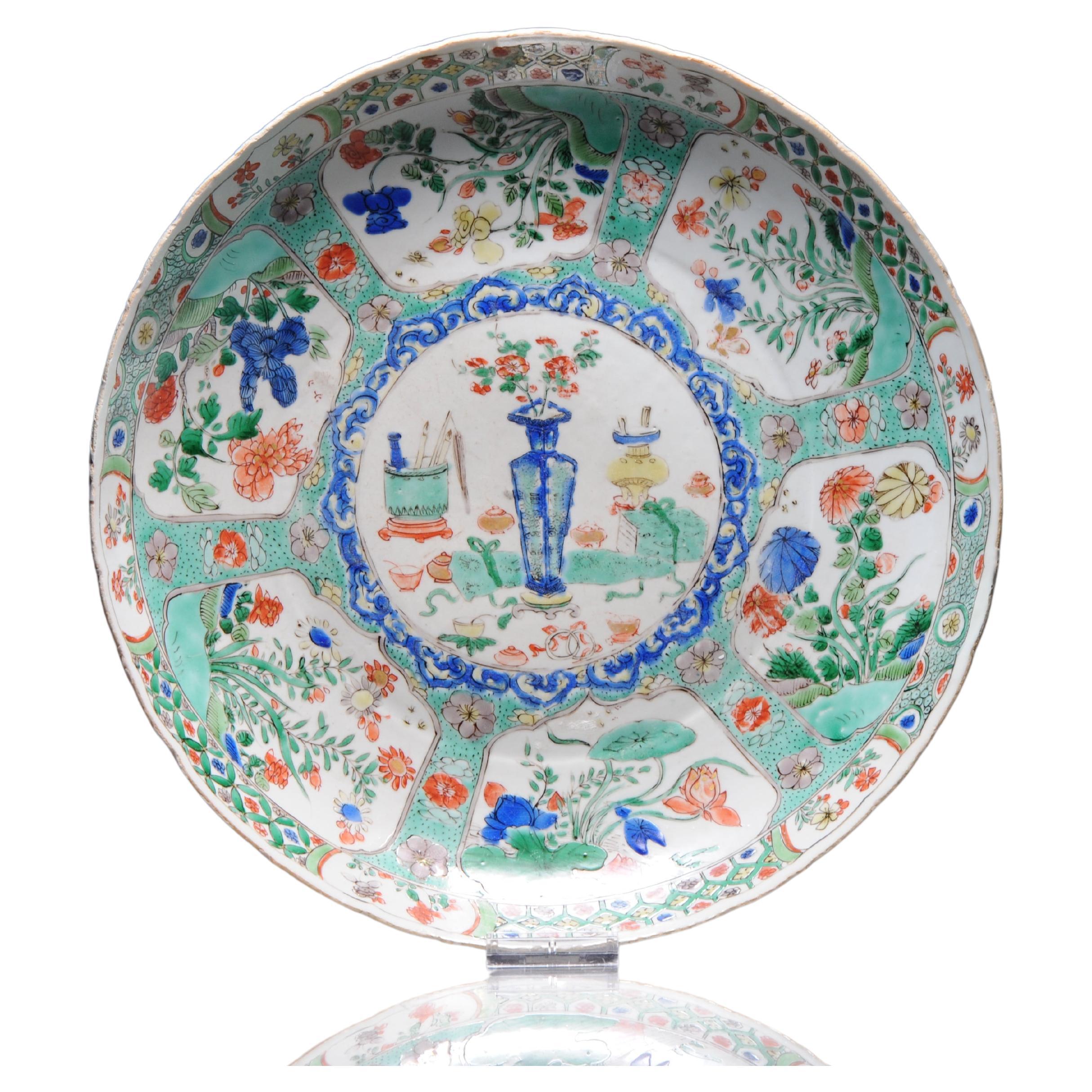 Large Antique Chinese Porcelain Famille Verte Dish Flowers Landscape Kangxi For Sale