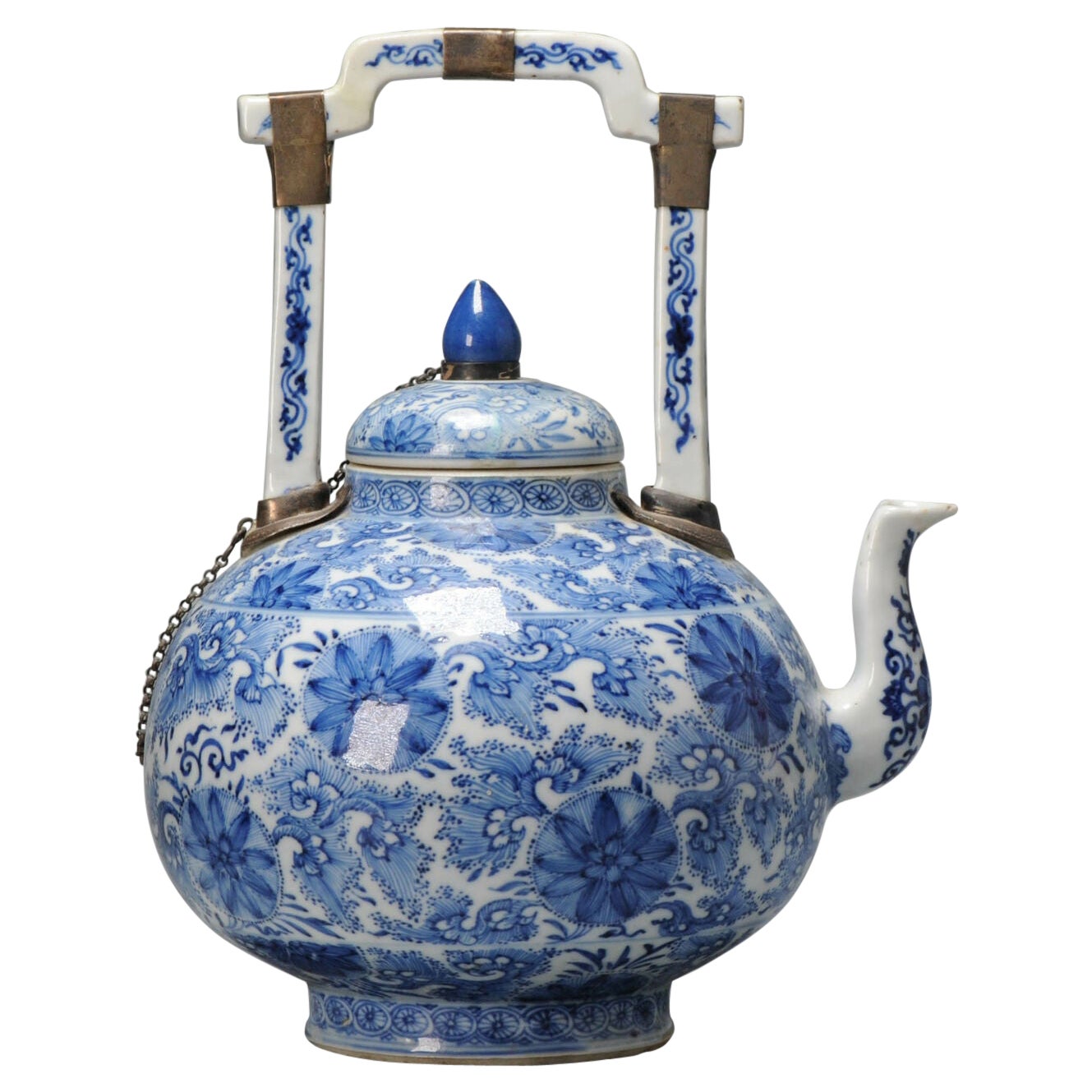 Large Antique Chinese Porcelain Kangxi Period Wine Vessel Flowers Silver For Sale