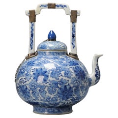 Gran Vasija Antigua de Porcelana China del Periodo Kangxi Flores de Vino Plata