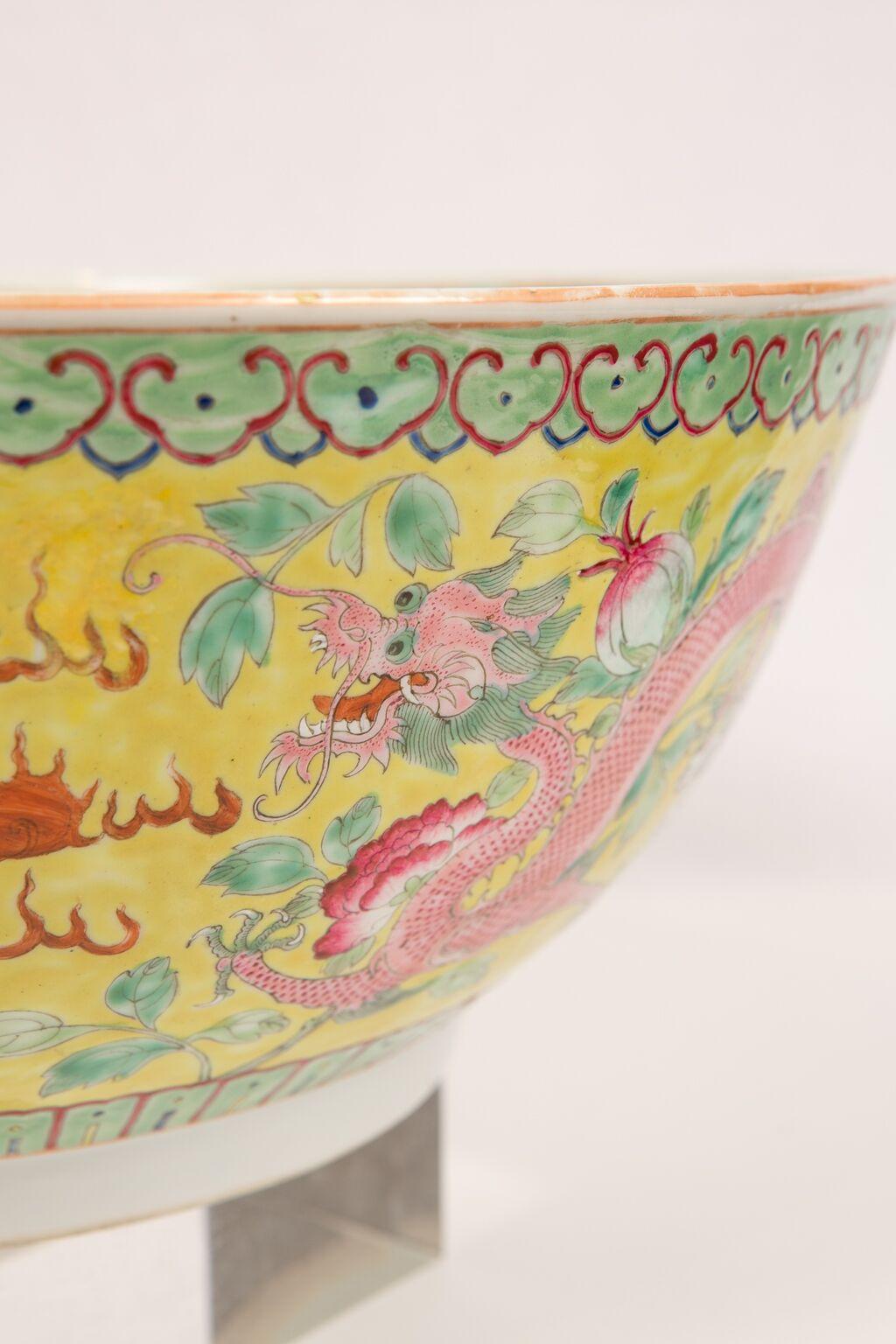 Hand-Painted Large Antique Chinese Porcelain Punch Bowl Famille Rose Symbolizing Yin and Yang