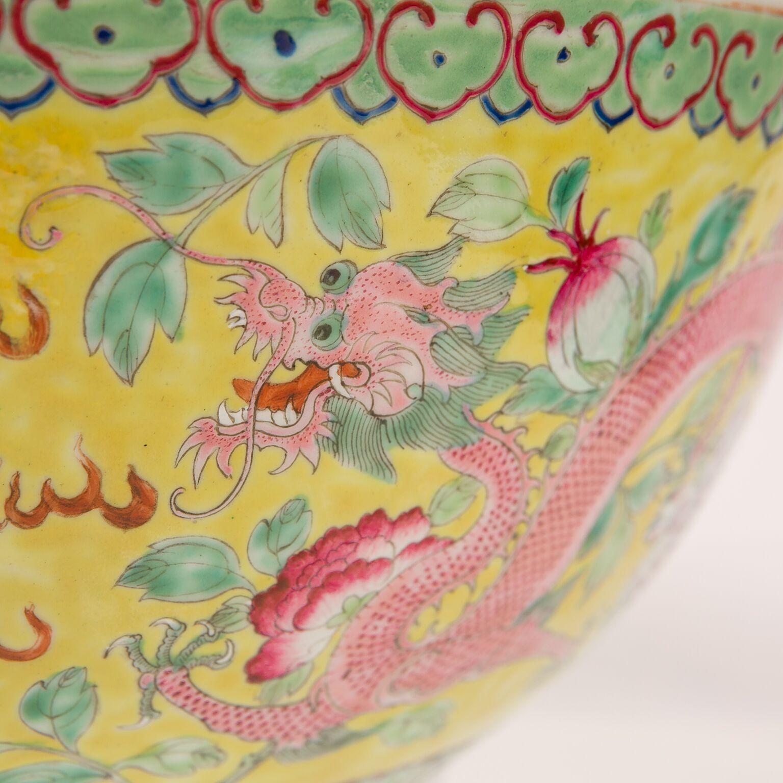 Large Antique Chinese Porcelain Punch Bowl Famille Rose Symbolizing Yin and Yang In Excellent Condition In Katonah, NY