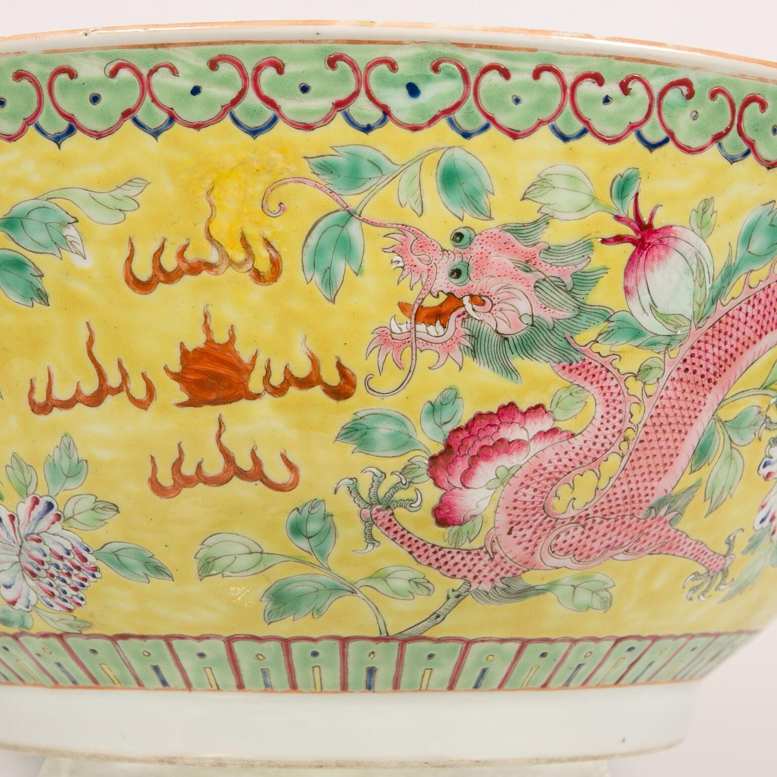 20th Century Large Antique Chinese Porcelain Punch Bowl Famille Rose Symbolizing Yin and Yang