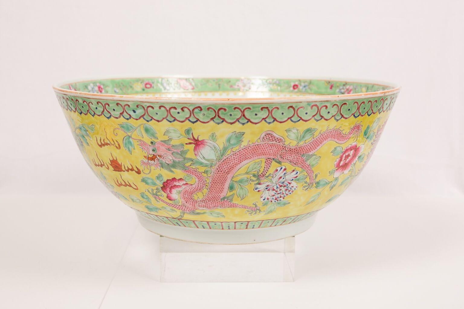WHY WE LOVE IT: Dragons and Phoenixes and Fabulous Colors! 
 This marvelous and brightly colored punch bowl was made in the Republican era in the 1920s before stylistic changes in the 1930s.
We are delighted to offer this large and beautiful Chinese