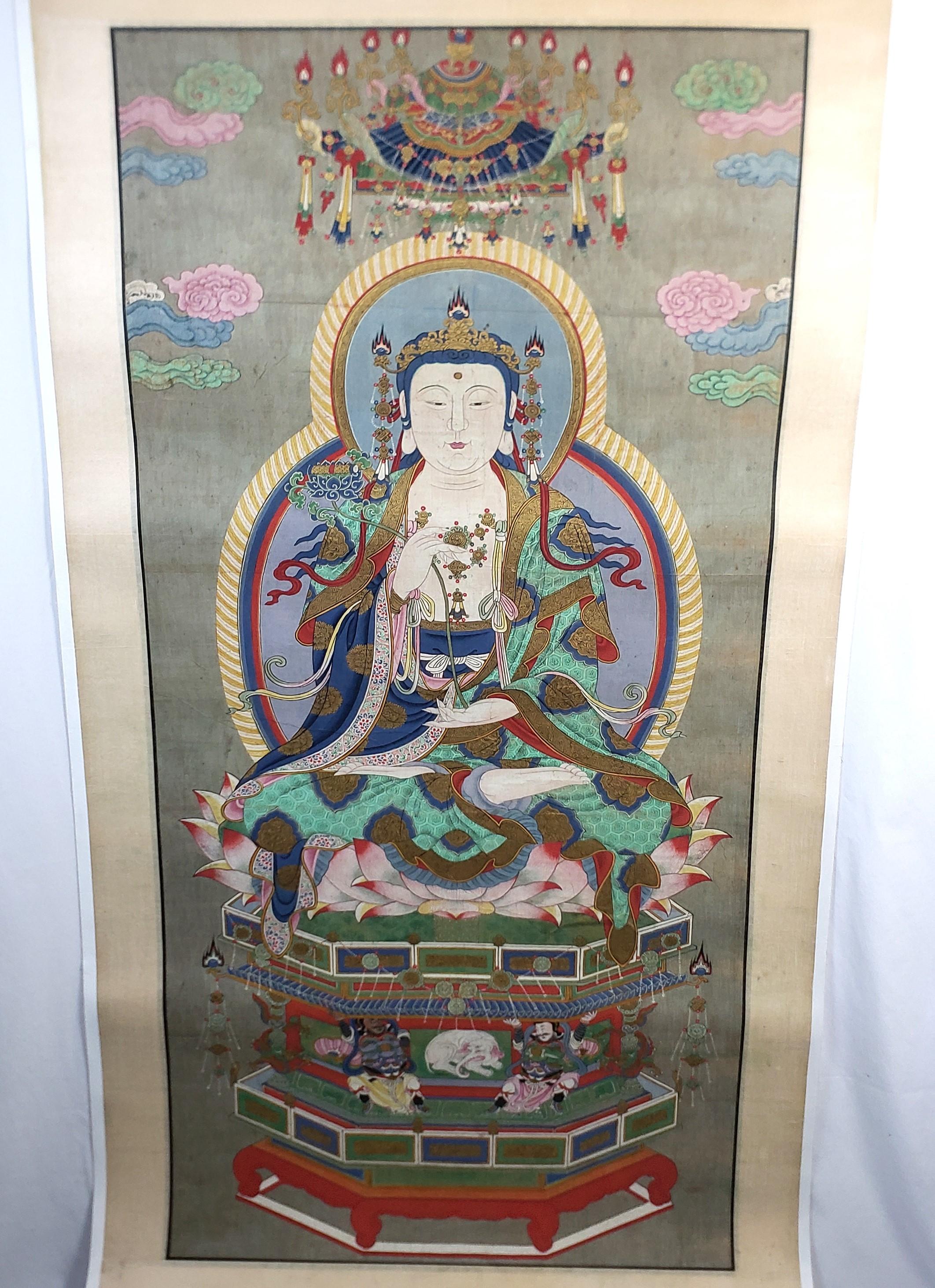 This large antique scroll is unsigned and presumed to have originated from China and date to approximately 1860 and done in the period Qing Dynasty style. The scroll is hand painted on silk which has been professionally mounted on thick white linen