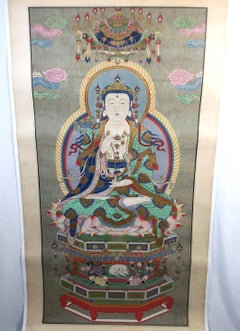 Large Antique Chinese Qing Dynasty Hand-Painted Buddhist Scroll on Silk