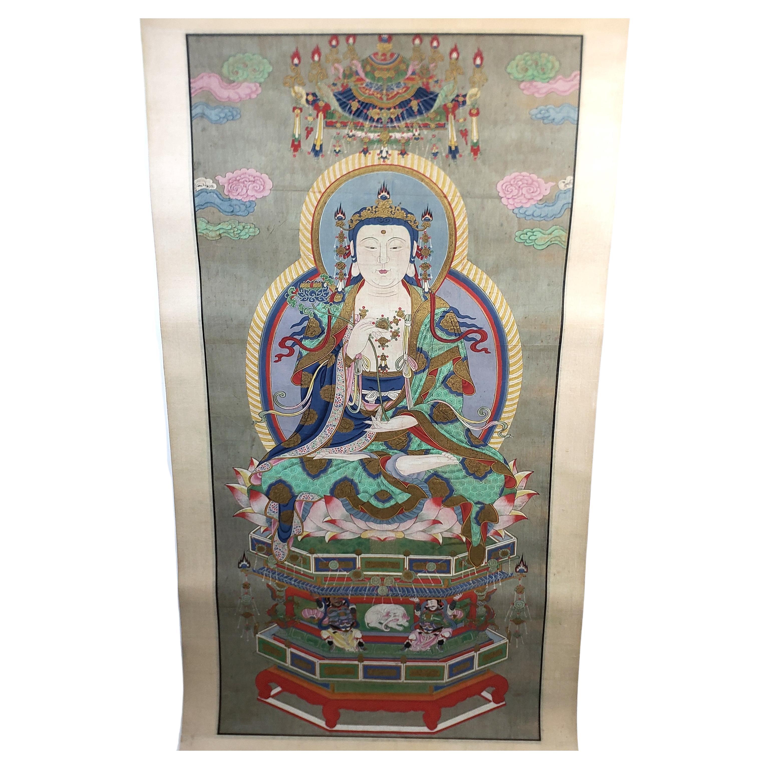 Large Antique Chinese Qing Dynasty Hand-Painted Buddhist Scroll on Silk In Good Condition For Sale In Hamilton, Ontario