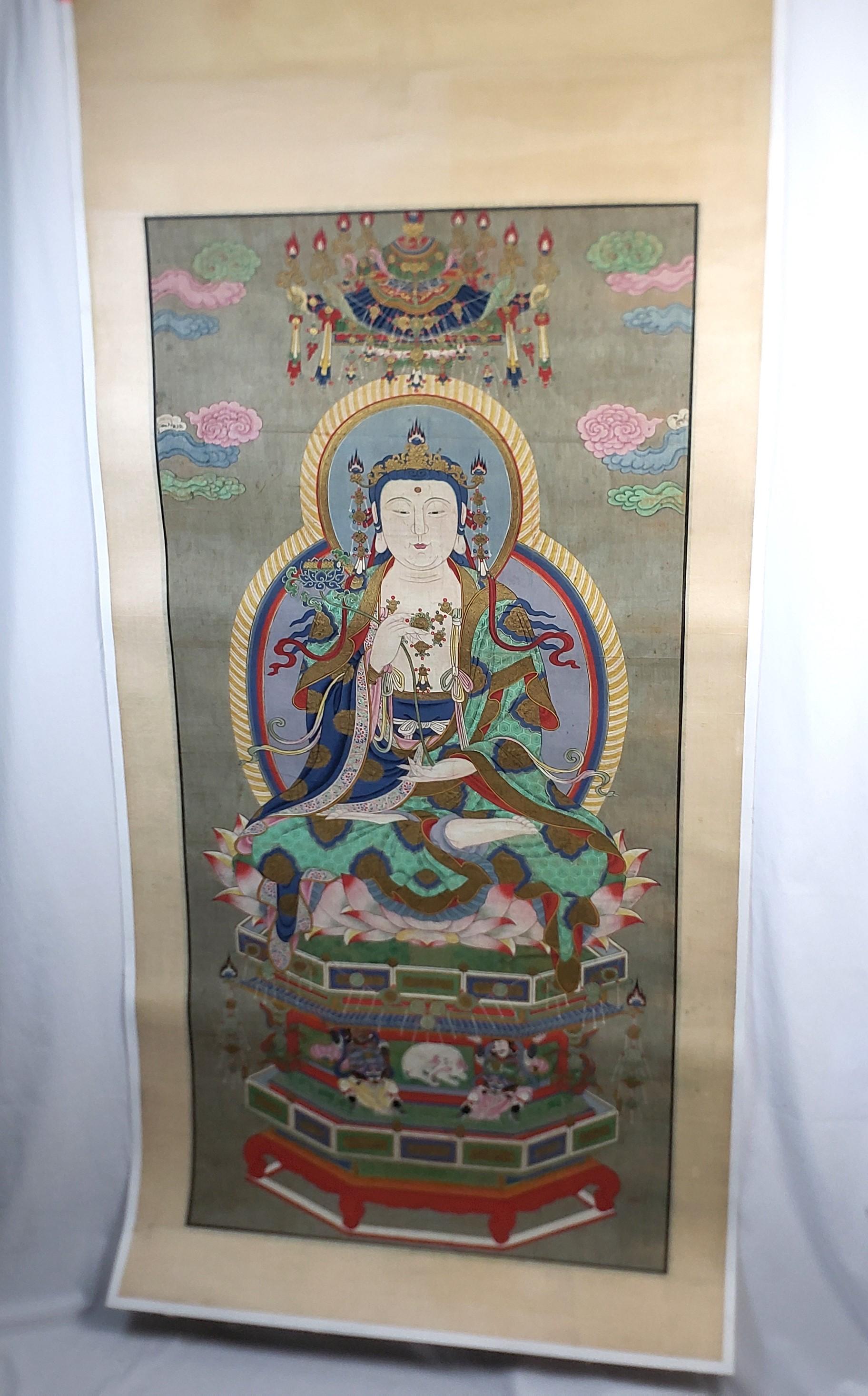 19th Century Large Antique Chinese Qing Dynasty Hand-Painted Buddhist Scroll on Silk For Sale