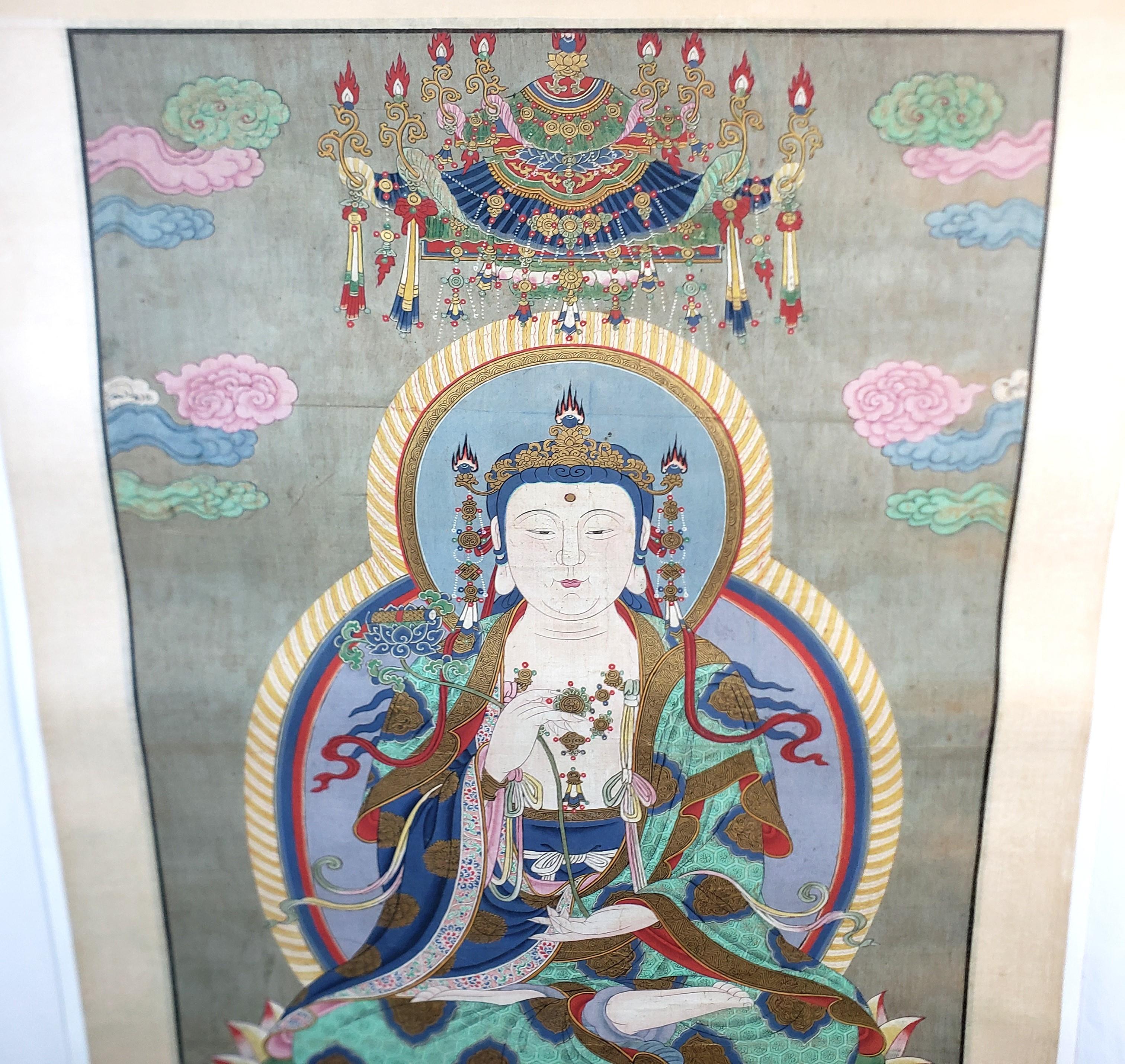 Linen Large Antique Chinese Qing Dynasty Hand-Painted Buddhist Scroll on Silk For Sale