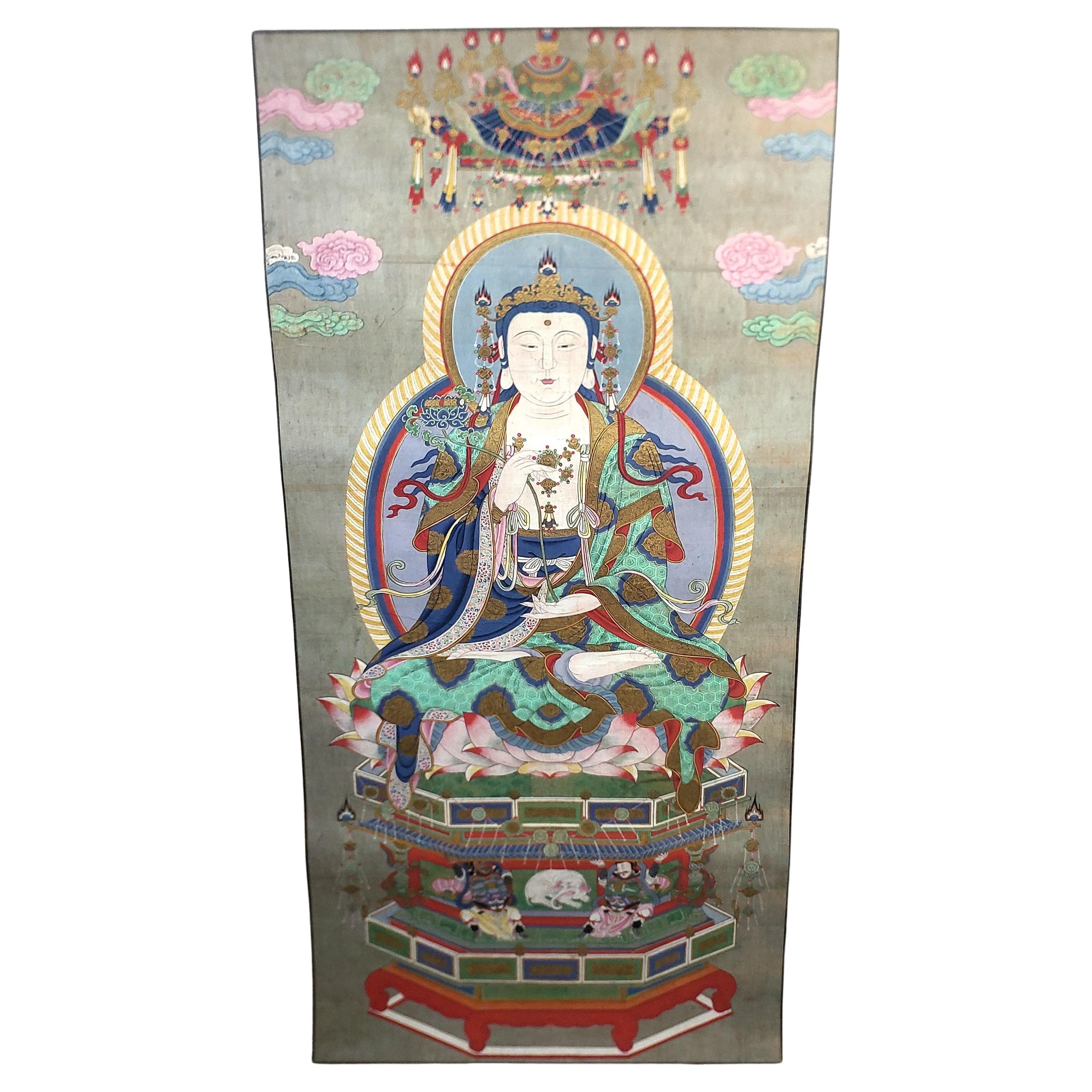 Large Antique Chinese Qing Dynasty Hand-Painted Buddhist Scroll on Silk For Sale