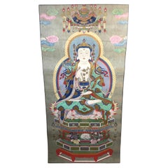 Grand rouleau bouddhiste ancien peint à la main sur soie de la dynastie chinoise Qing