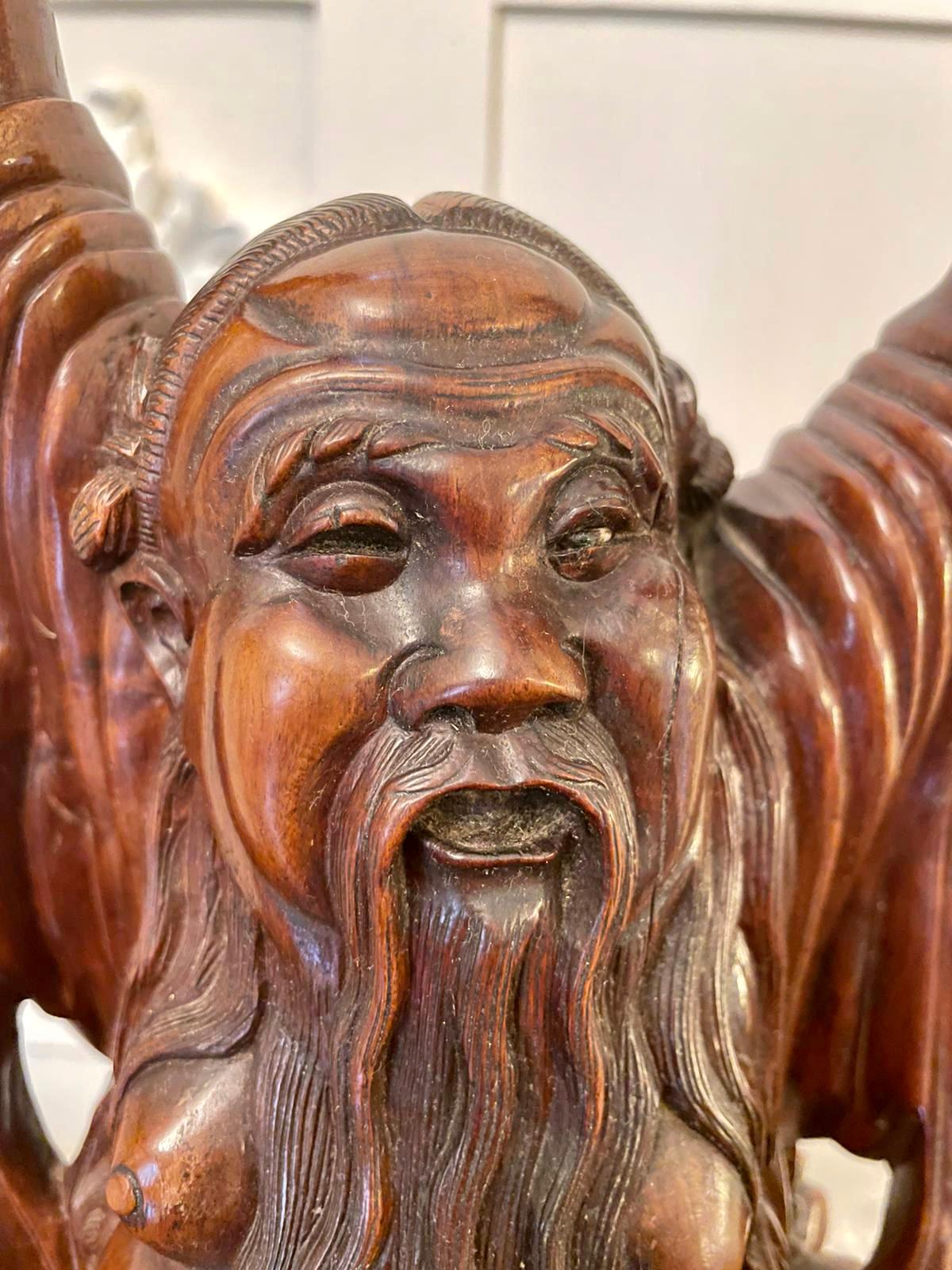 Large antique Chinese quality carved hardwood figure of a bearded gentleman holding a drinking cup in period clothing standing on a carved base.

A very desirable example in lovely condition.
 