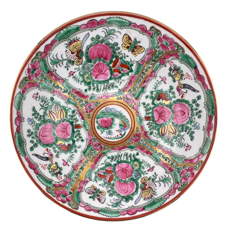A vibrant and richly detailed Chinese Rose Medallion porcelain bowl, hand-painted in the traditional Famille Rose palette with vivid pink peonies, butterflies, birds, and lush greenery. This collectible piece features five alternating medallions