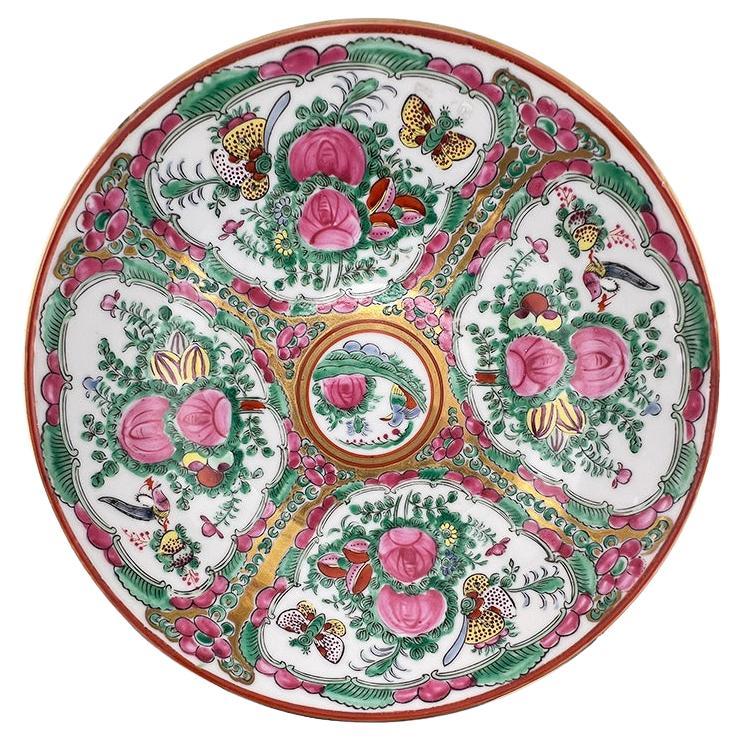 Large Antique Chinese Rose Medallion Bowl, Hand-Painted, Qing Dynasty Style For Sale
