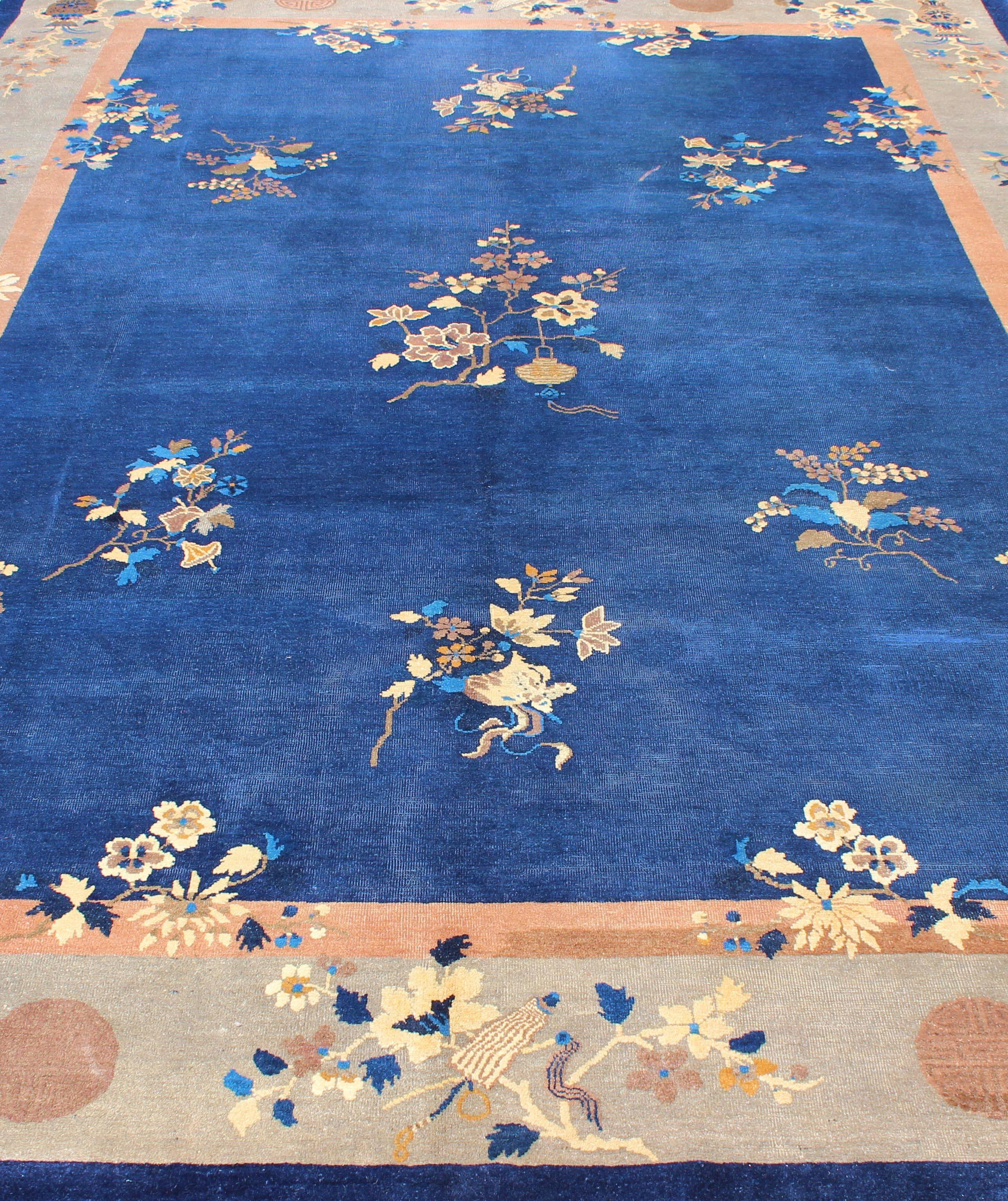 Early 20th Century Large Antique Chinese Pecking Rug with Flowers and Vases in Navy Blue and Tan For Sale