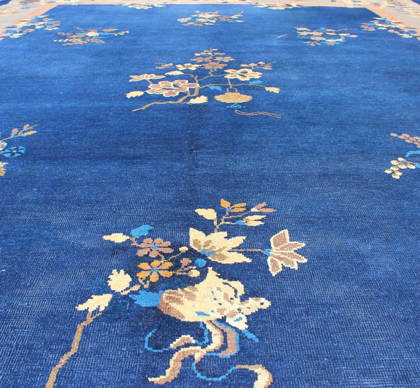 Wool Large Antique Chinese Pecking Rug with Flowers and Vases in Navy Blue and Tan For Sale