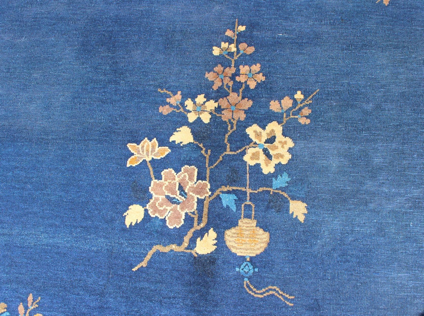 Large Antique Chinese Pecking Rug with Flowers and Vases in Navy Blue and Tan For Sale 1