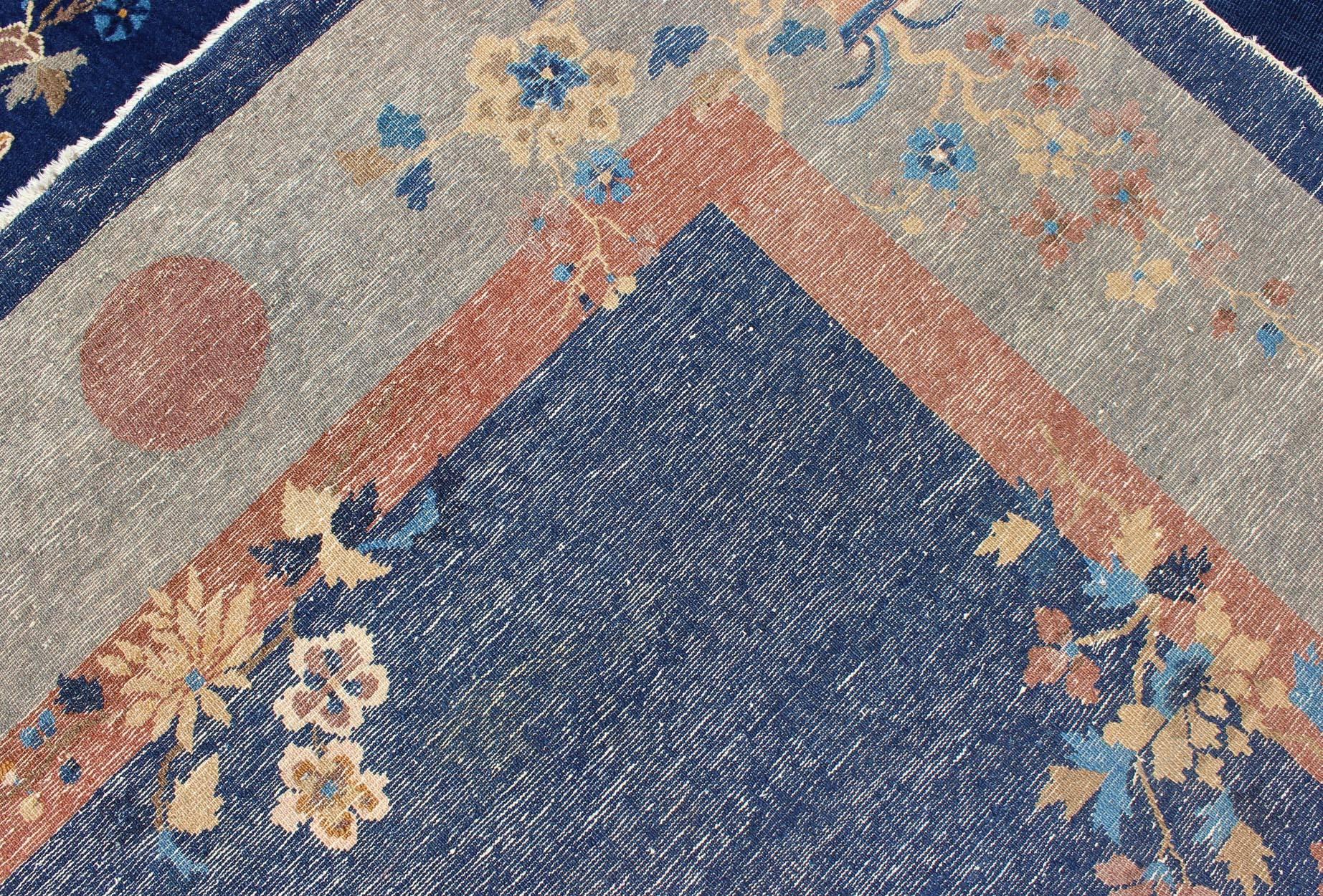 Large Antique Chinese Pecking Rug with Flowers and Vases in Navy Blue and Tan For Sale 3
