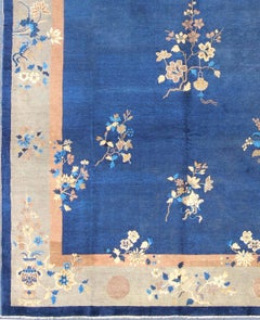 Large Antique Chinese Pecking Rug with Flowers and Vases in Navy Blue and Tan