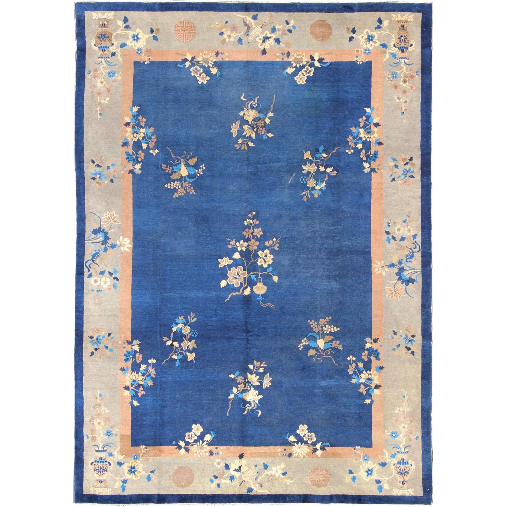 Antique Oval Chinese Rug in Turquoise with Coral and Violet Flower