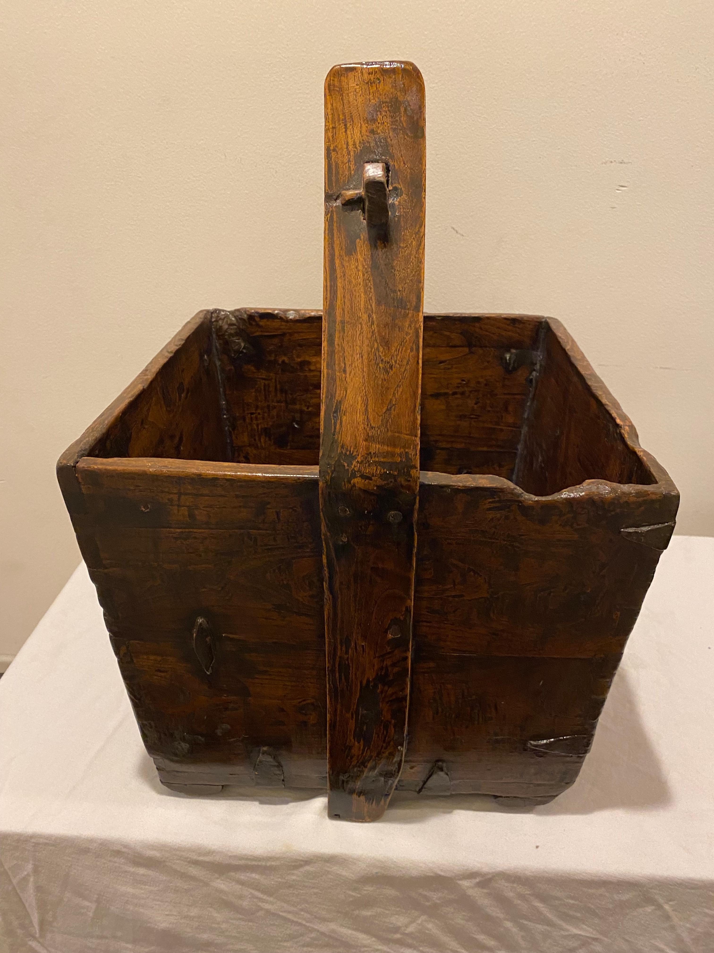 Large Antique Chinese Rustic Wood Grain Basket Bucket 2