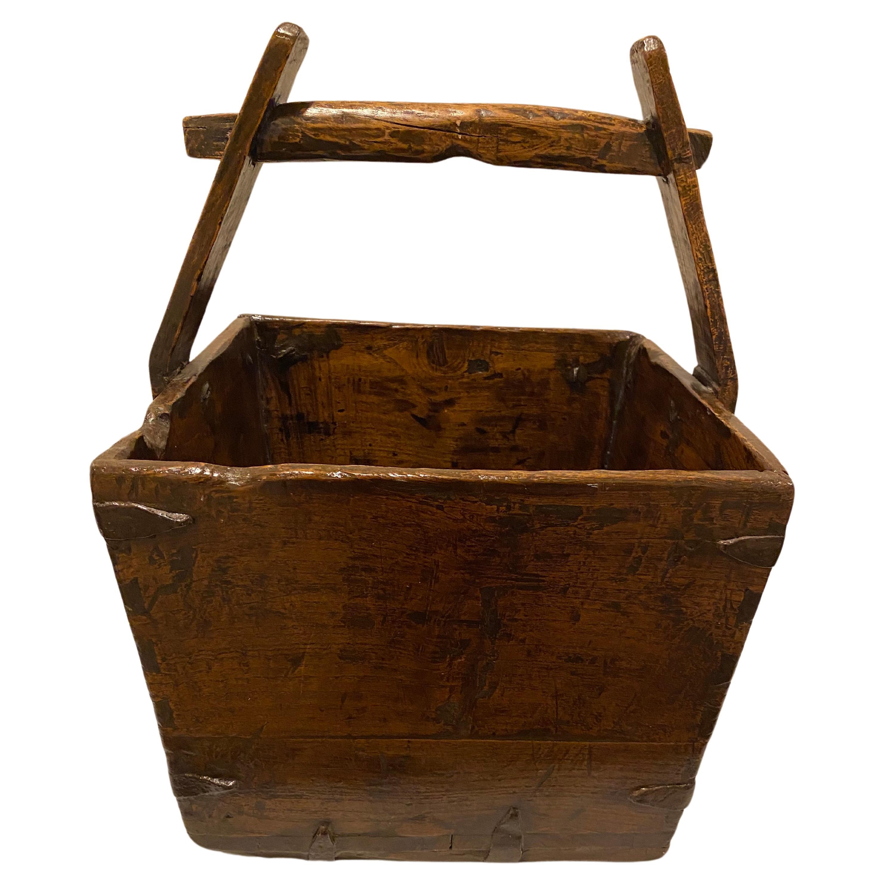 Large Antique Chinese Rustic Wood Grain Basket Bucket