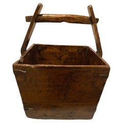 Large Antique Chinese Rustic Wood Grain Basket Bucket