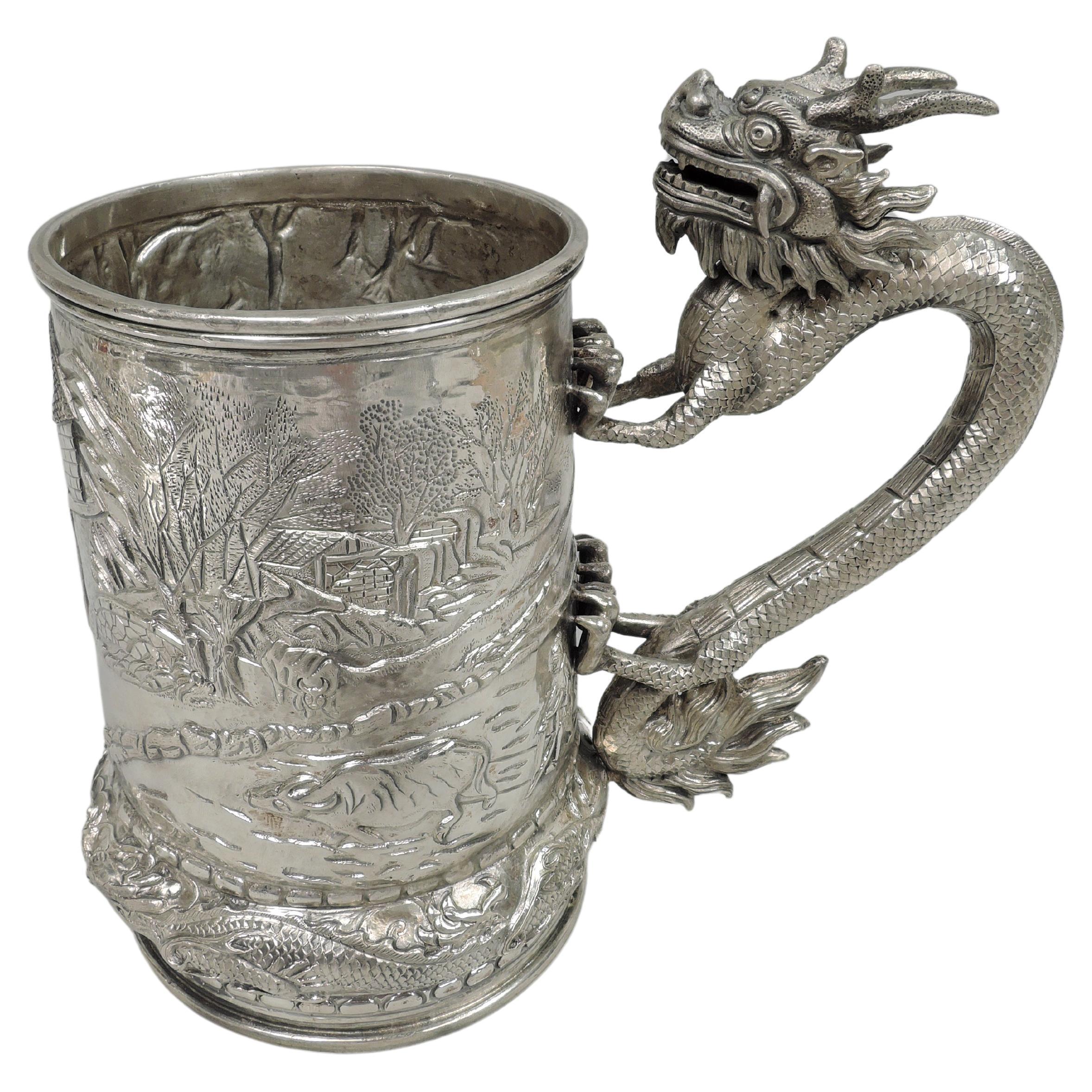 Large Antique Chinese Silver Pastoral Mug with Dragon Handle For Sale at  1stDibs