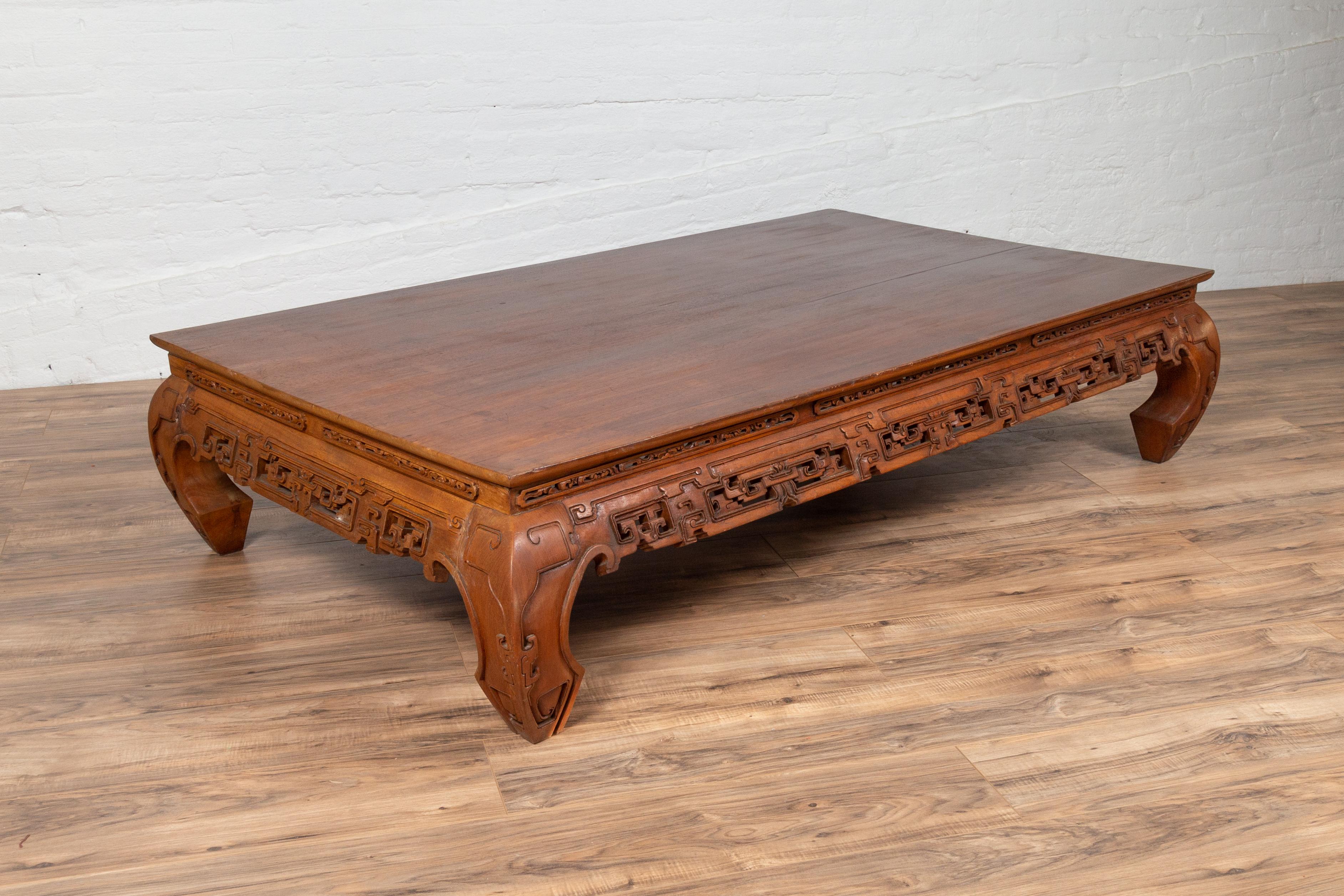 Large Antique Chinese Teak Wood Coffee Table with Hand Carved Scrolled