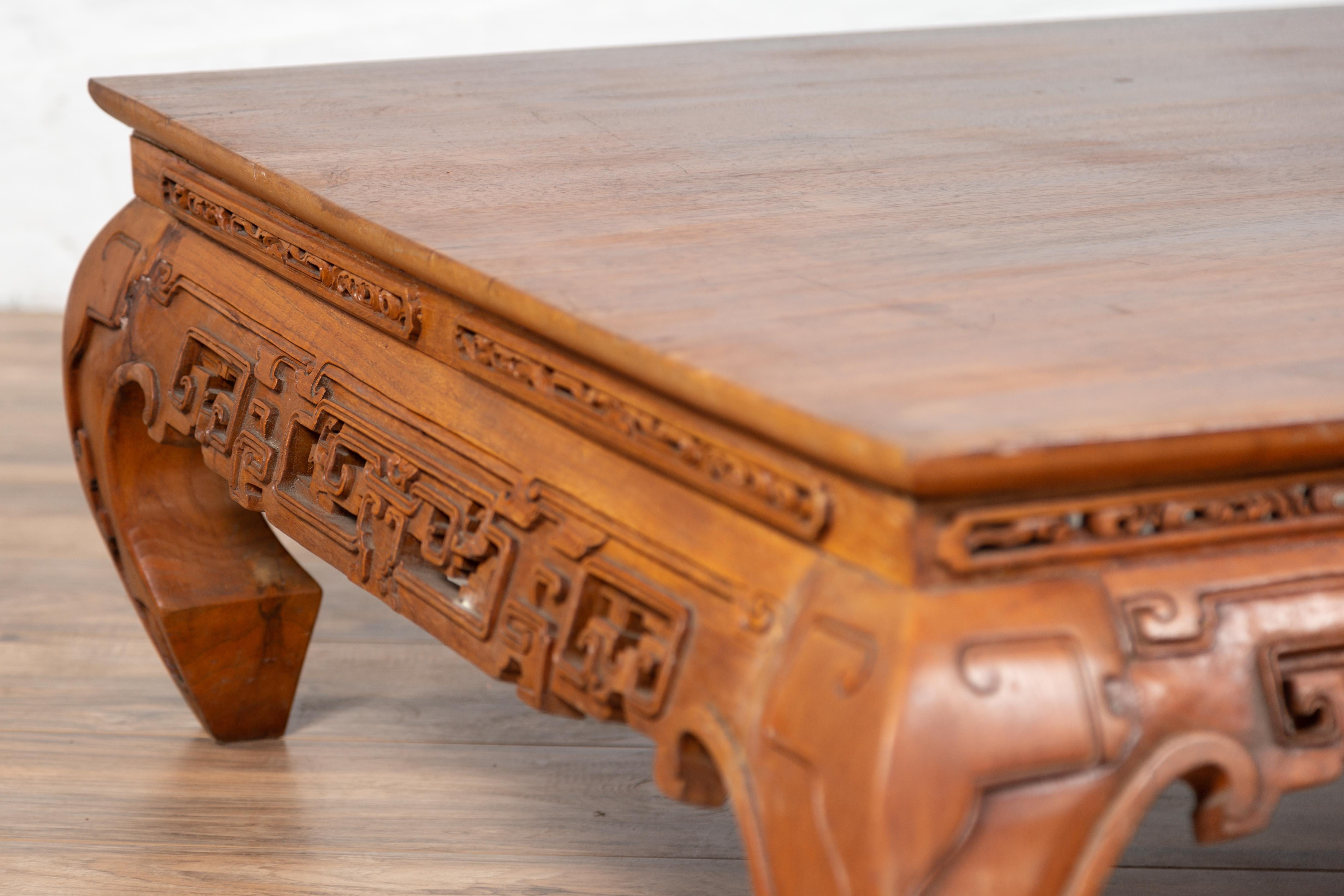 Large Antique Chinese Teak Wood Coffee Table with Hand Carved Scrolled