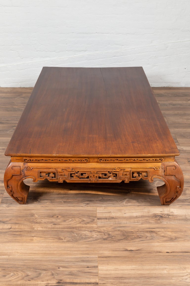 Large Antique Chinese Teak Wood Coffee Table with Hand Carved Scrolled