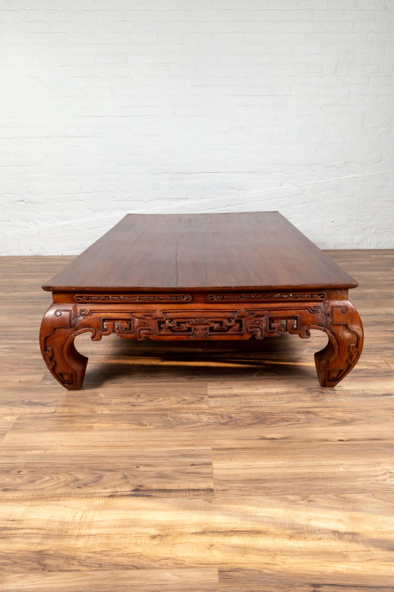 Large Antique Chinese Teak Wood Coffee Table with Hand Carved Scrolled