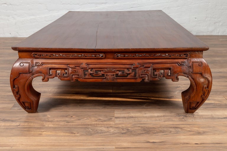 Large Antique Chinese Teak Wood Coffee Table with Hand Carved Scrolled