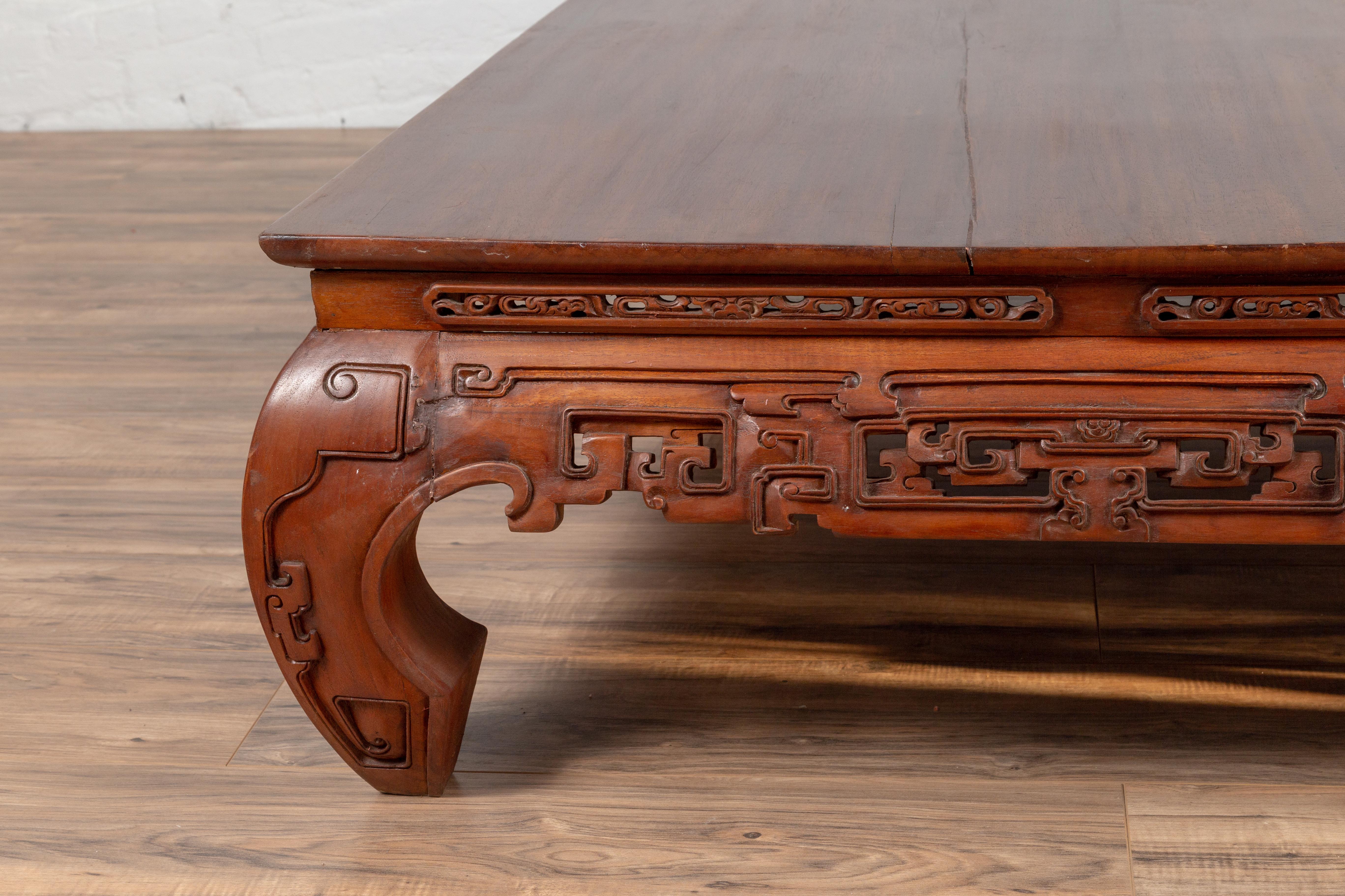 Large Antique Chinese Teak Wood Coffee Table with Hand Carved Scrolled ...