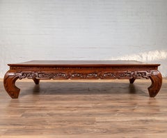 Large Antique Chinese Teak Wood Coffee Table with Hand Carved Scrolled Motifs