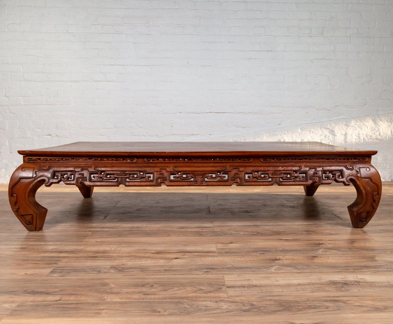 Large Antique Chinese Teak Wood Coffee Table with Hand Carved Scrolled