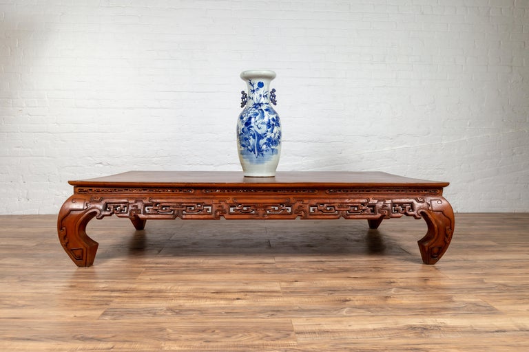 Large Antique Chinese Teak Wood Coffee Table with Hand Carved Scrolled