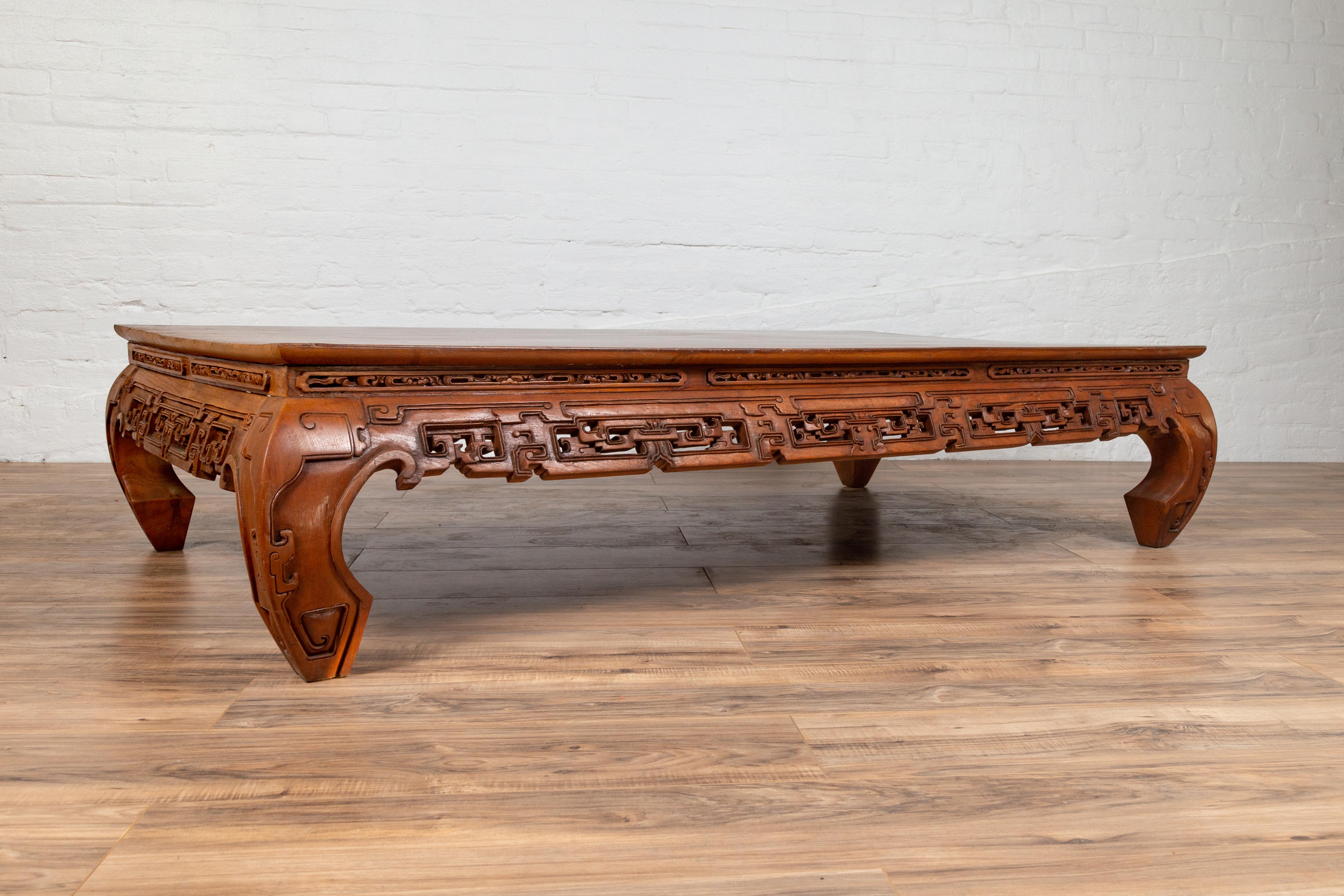 Large Antique Chinese Teak Wood Coffee Table with Hand Carved Scrolled