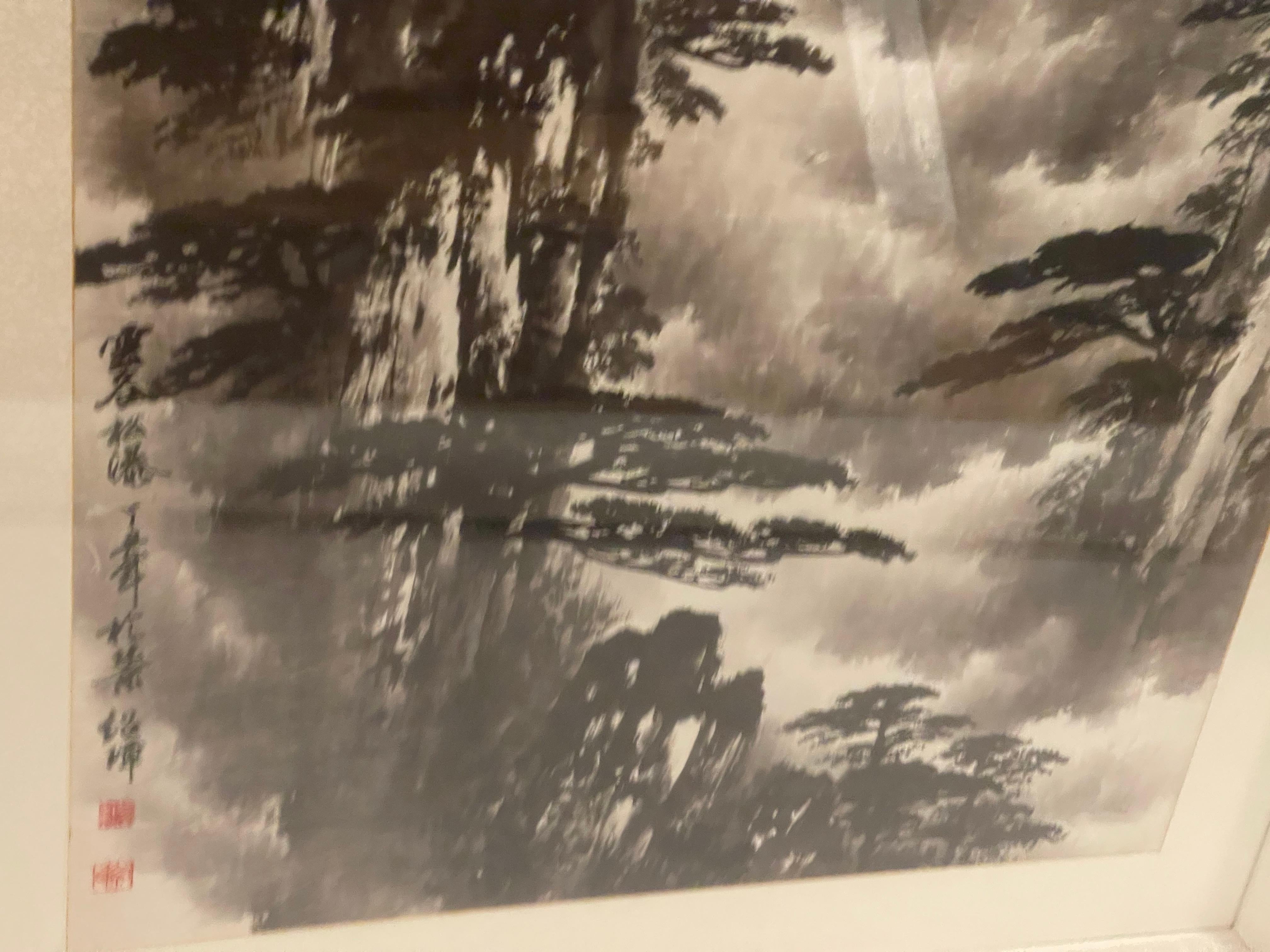 Grande aquarelle chinoise ancienne paysage signée encadrée en vente 3