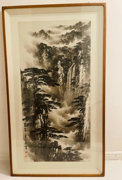 Large Antique Chinese Watercolor Landscape Signed Framed