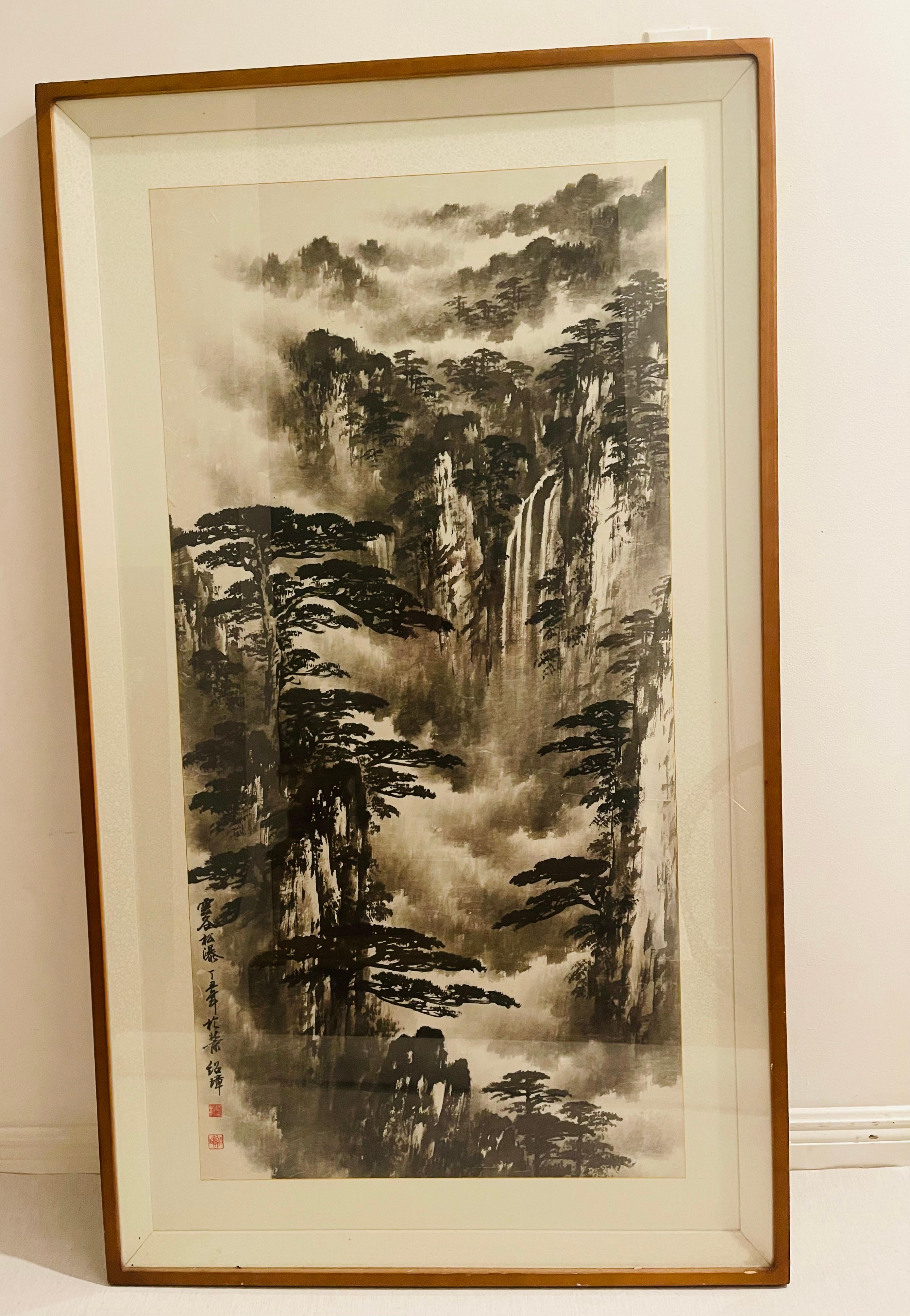 Exportation chinoise Grande aquarelle chinoise ancienne paysage signée encadrée en vente