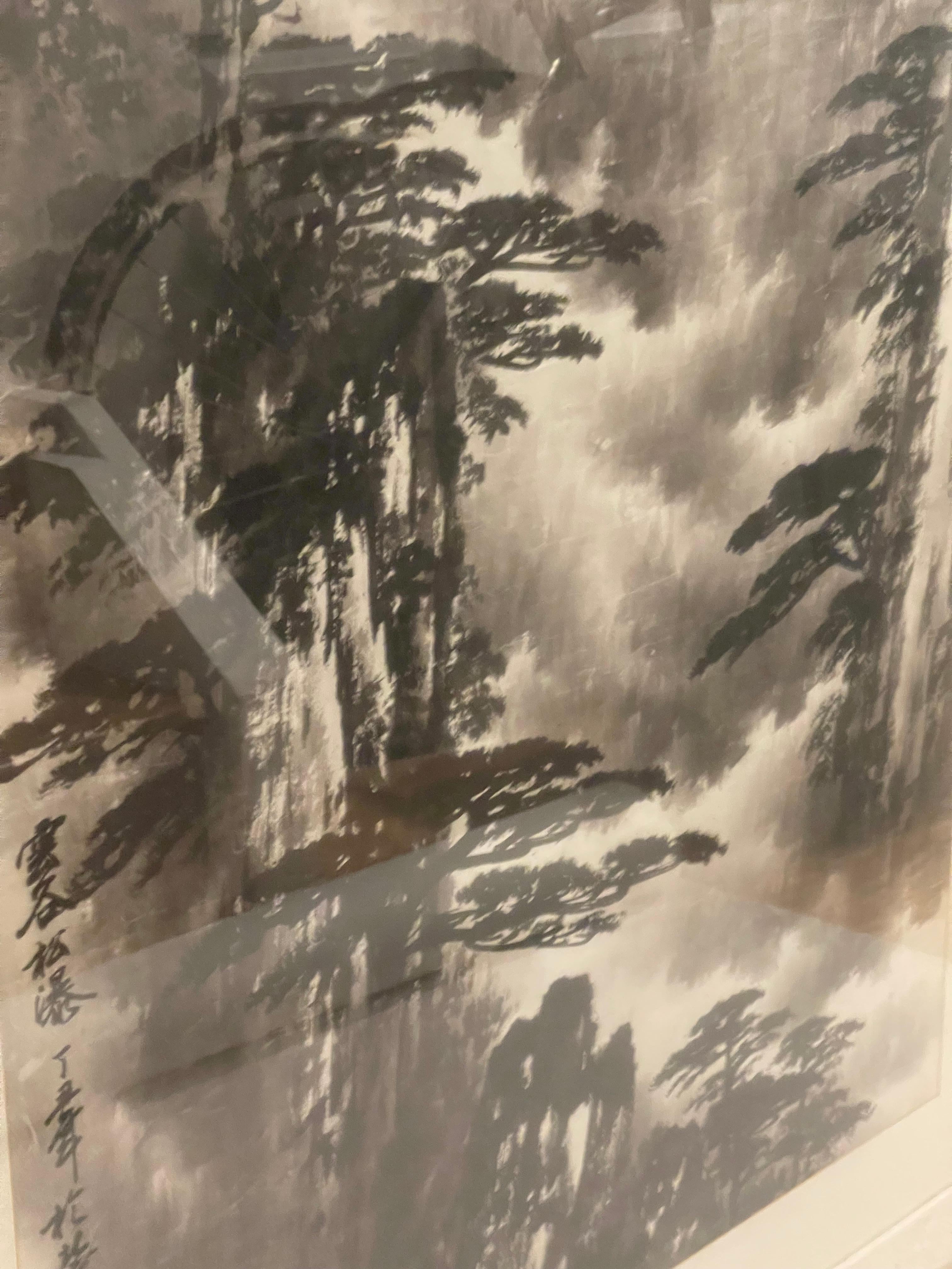 Milieu du XXe siècle Grande aquarelle chinoise ancienne paysage signée encadrée en vente