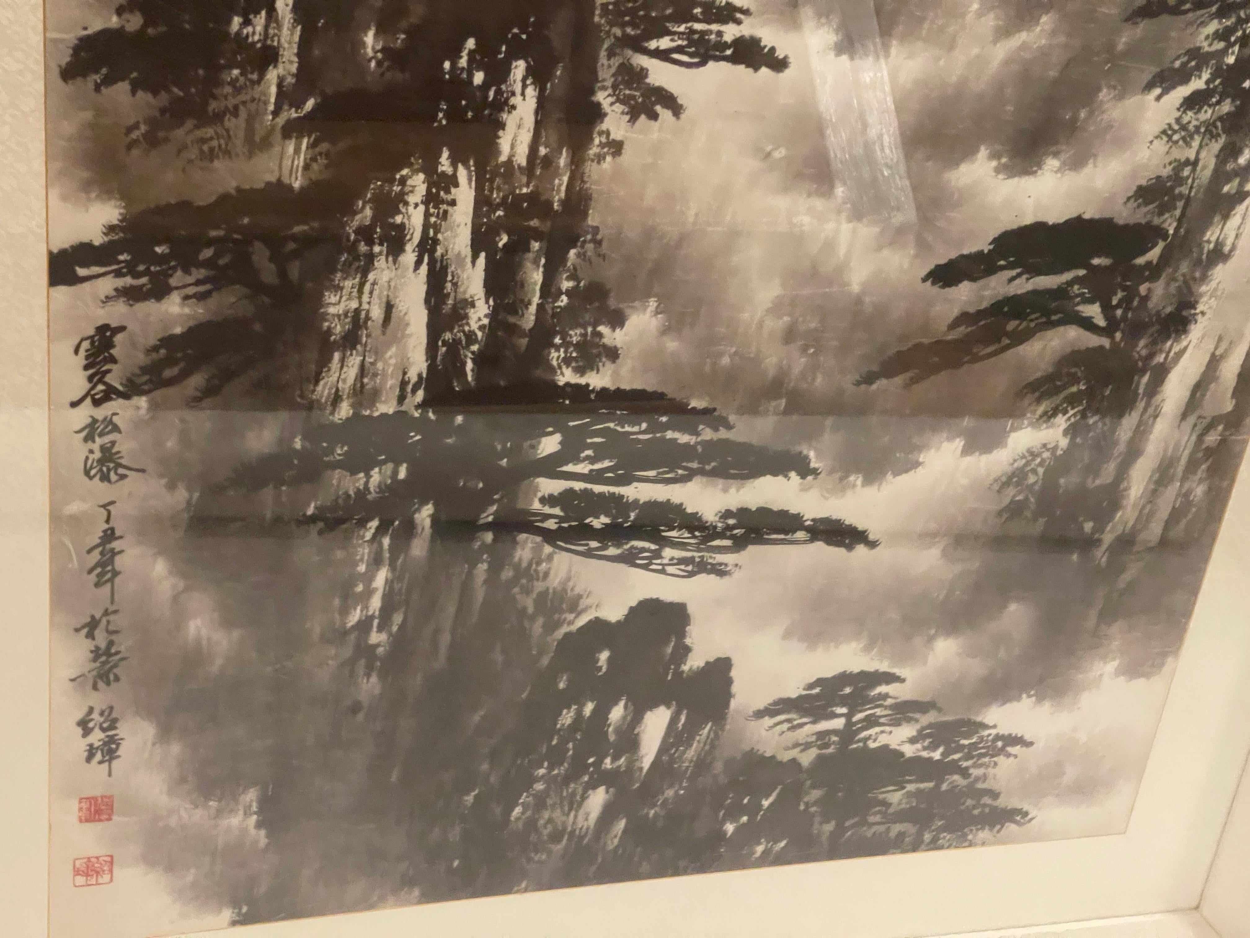 Grande aquarelle chinoise ancienne paysage signée encadrée en vente 2