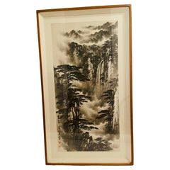 Gran paisaje chino antiguo en acuarela Firmado Enmarcado