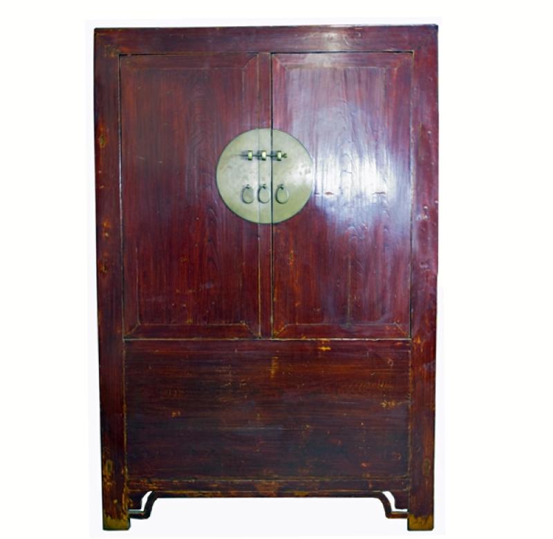 This large cabinet, measuring 52” in width, 24” in depth, and 80” in height, constructed entirely solid elm. A clear coating of protective finish brings out rich mahogany tone, wood grain, and nicely aged patina. Clean lines and square corners build