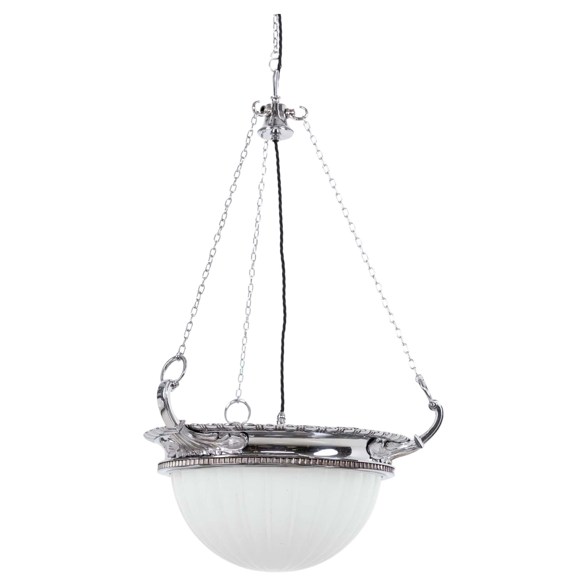 Large Antique Chrome Jefferson Moonstone Glass Plafonnier Light Pendant, c.1920 For Sale