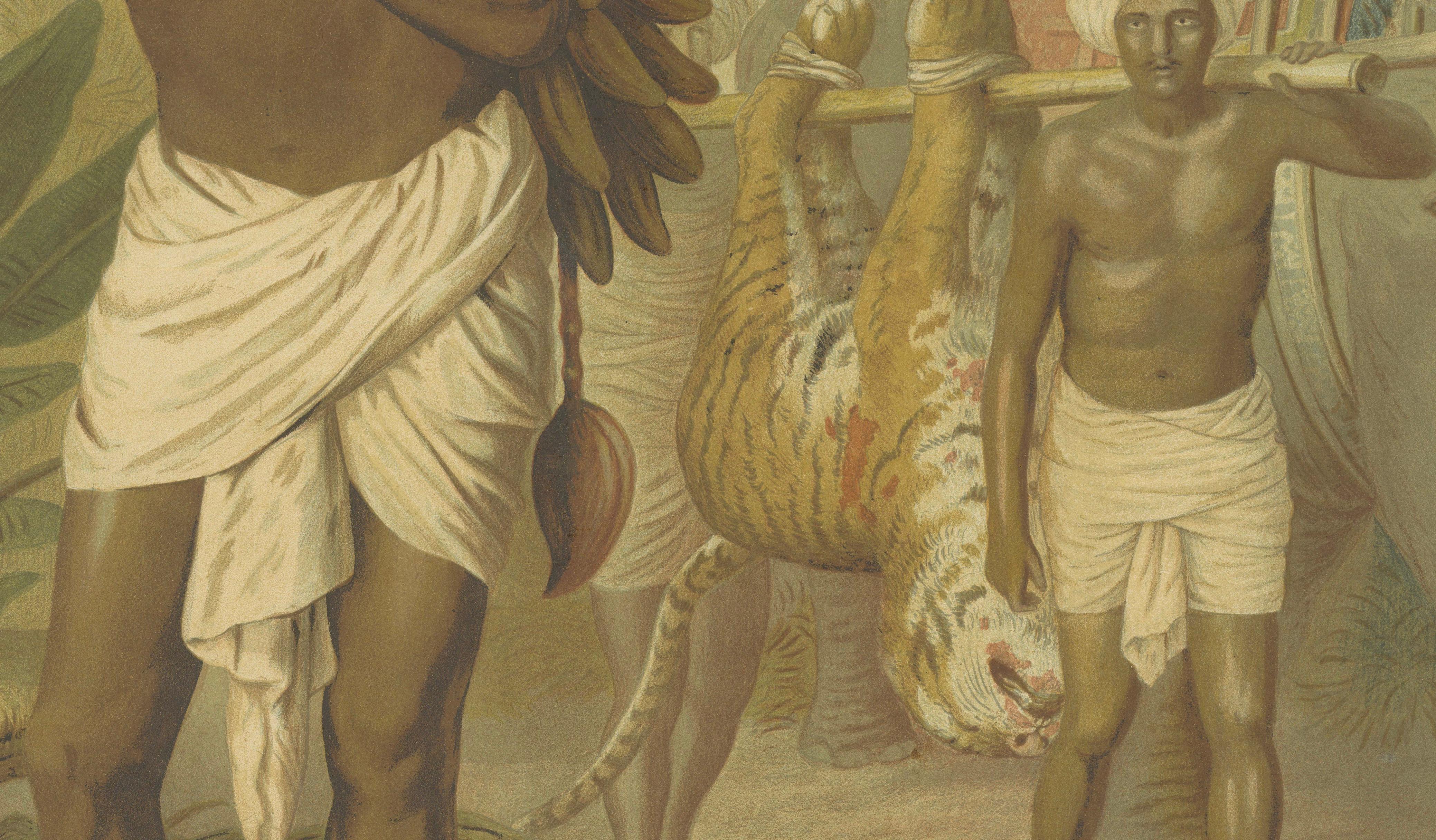Large Antique Chromolithograph, India Tiger Hunt Scene – Leutemann, ca. 1890