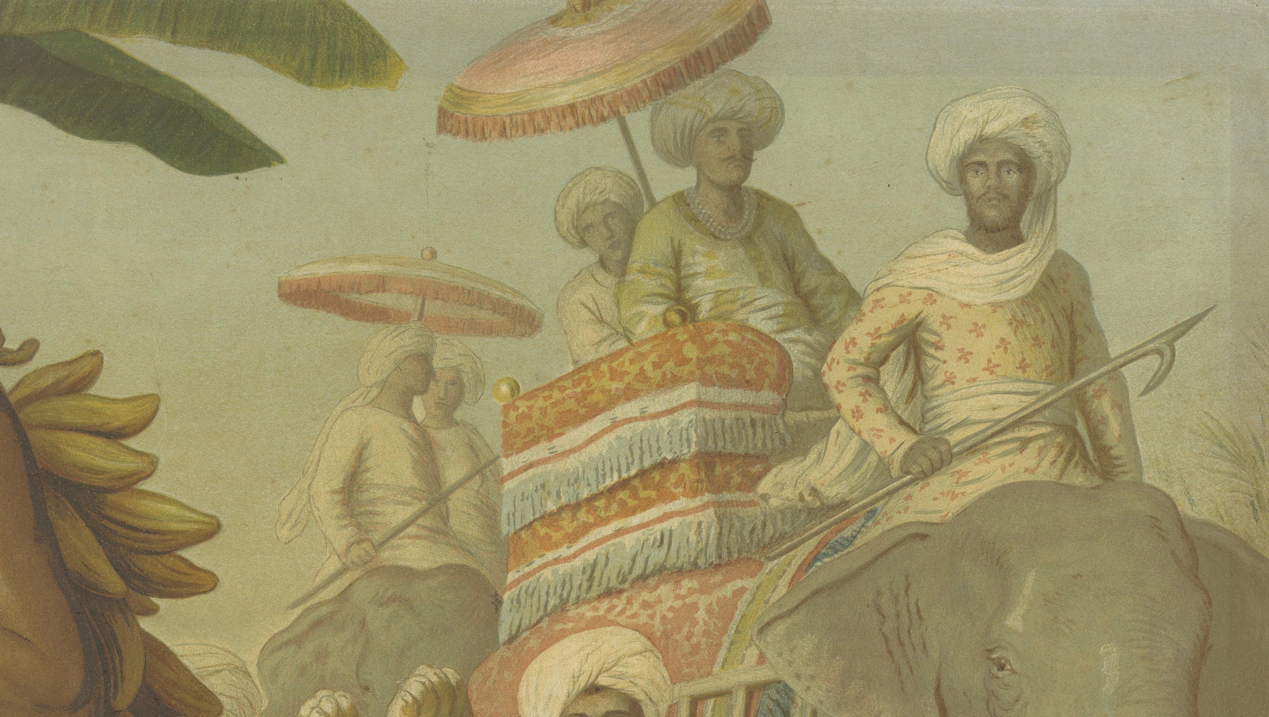 Large Antique Chromolithograph, India Tiger Hunt Scene – Leutemann, ca. 1890
