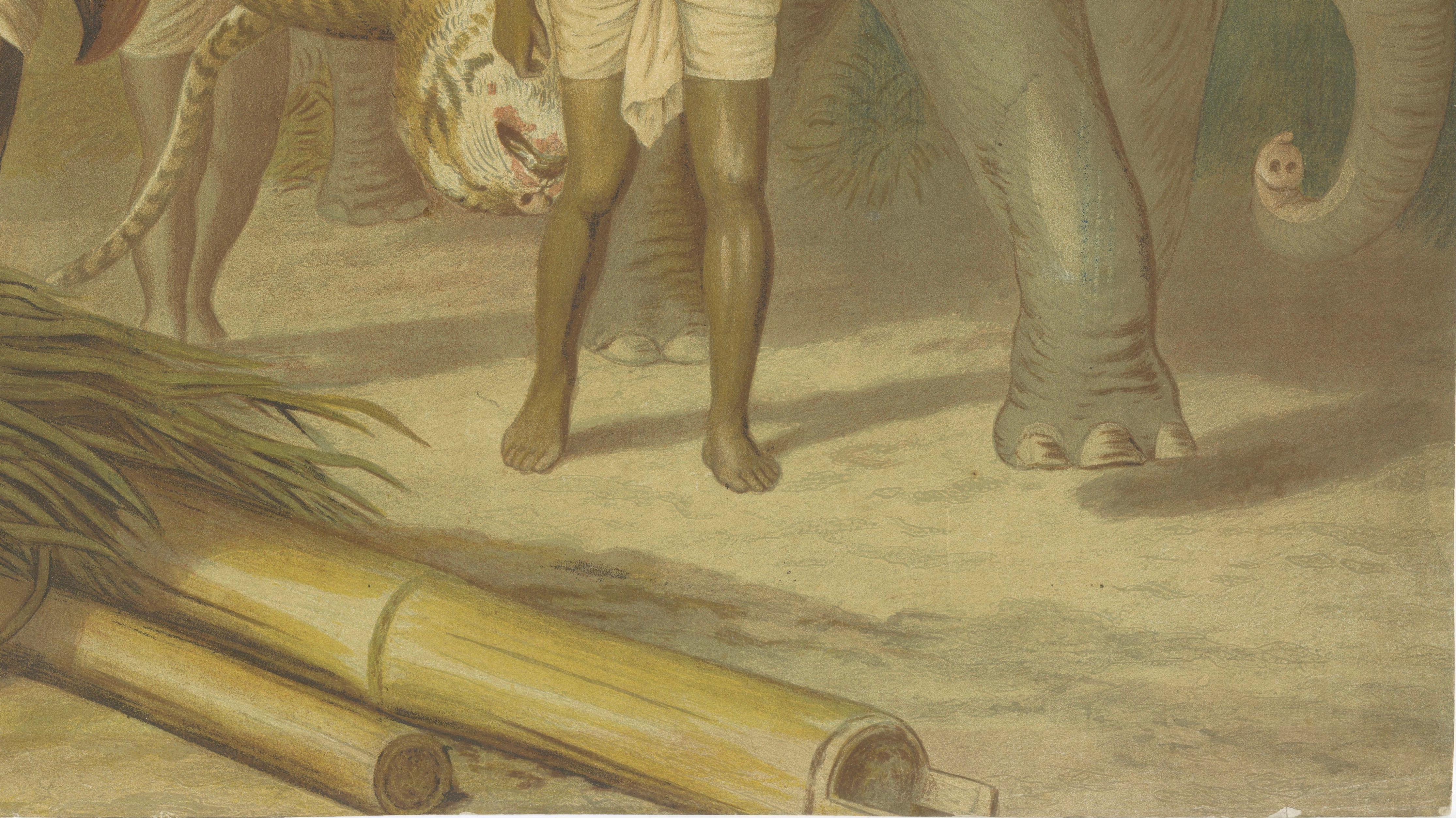 Large Antique Chromolithograph, India Tiger Hunt Scene – Leutemann, ca. 1890